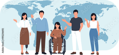 Diverse global community with people with disabilities, inclusive equality and accessibility concept, multicultural group standing together world map background vector illustration
