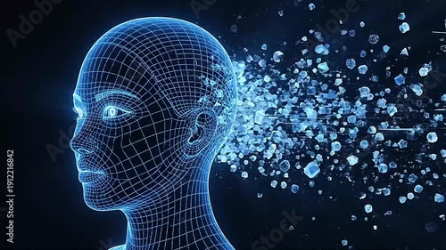 Digital human head with wireframe and particles on dark background.