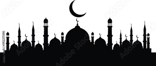 Islamic mosque silhouette with crescent moon dome, religious architecture skyline, cultural heritage artwork, Ramadan Eid celebration design, spiritual worship vector illustration