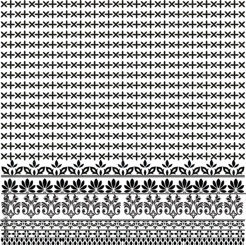 Ethnic border set with cross stitch patterns and damask ribbon stripes for textile and fashion design