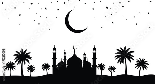Islamic mosque silhouette with domes and minarets, palm trees landscape, crescent moon and stars night sky, Ramadan Eid celebration vector illustration