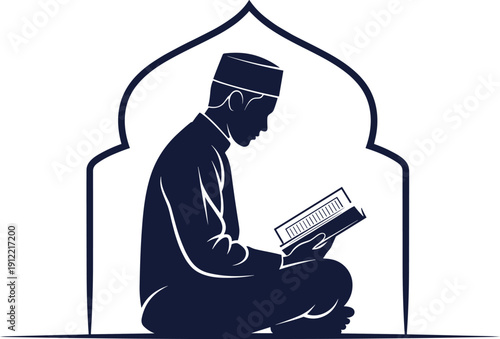 Muslim man reading Quran, mosque interior silhouette, spiritual devotion scene, Islamic prayer concept, religious study artwork, flat vector illustration