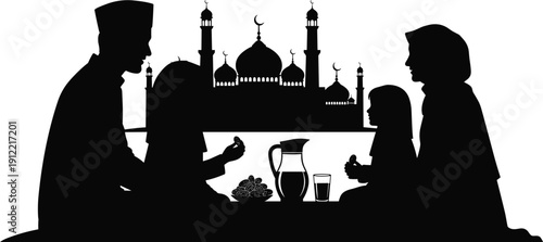 Muslim family sharing Ramadan meal together, mosque silhouette background with domes and minarets, Islamic cultural unity artwork, festive vector illustration