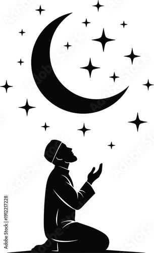 Muslim prayer silhouette, kneeling worshipper with raised hands, crescent moon and stars night sky, Islamic devotion artwork, flat vector illustration