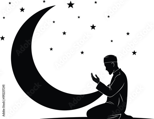 Muslim worshipper kneeling in prayer beside crescent moon and stars, Islamic devotion artwork, spiritual faith symbol, cultural religion vector illustration