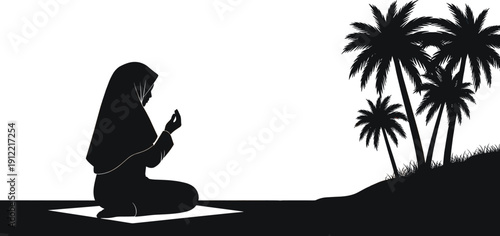 Muslim woman praying silhouette, kneeling on mat, outdoor palm trees background, spiritual devotion scene, Islamic worship concept, flat vector illustration