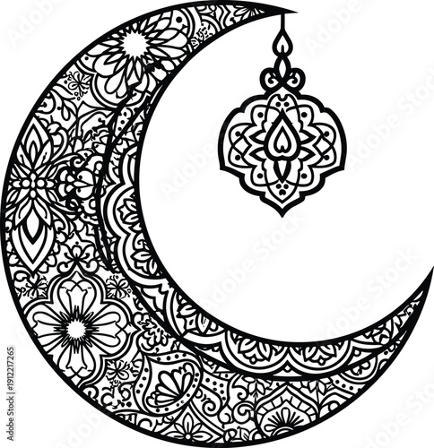 Ornate crescent moon with decorative lantern, Islamic floral geometric mandala design, Ramadan Eid cultural artwork, traditional religious vector illustration