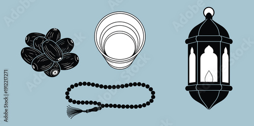 Ramadan essentials illustration with dates, cups, prayer beads and lantern, Islamic fasting symbols artwork, cultural celebration design, flat vector illustration