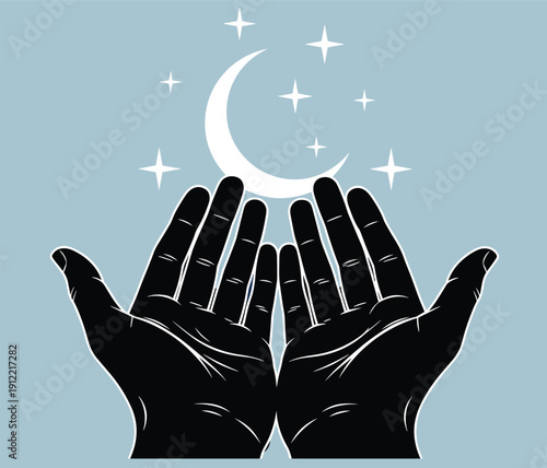 Silhouette hands raised in reverence, crescent moon and stars night sky, Islamic spiritual devotion artwork, cultural faith symbol, vector illustration