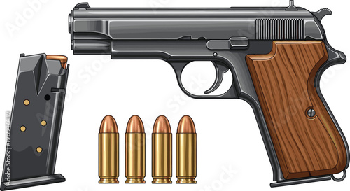 handgun, pistol, weapon, firearm, ammo, bullet, magazine, vector, illustration, metal, wood, trigger, caliber, defense, ballistic