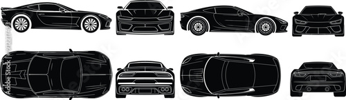 Black Sports Car Silhouettes, Side Front Rear Top Views, Modern Performance Coupe Vector Set for Automotive Design Illustration Assets Collection