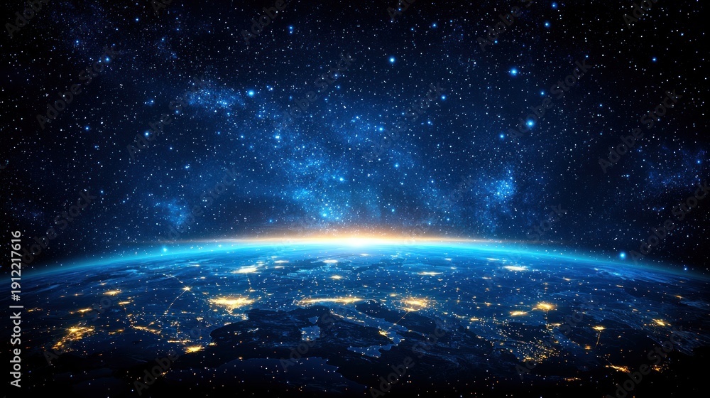 Fototapeta premium Earth horizon from space, city lights glow below