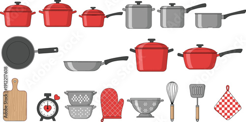 Large collection of kitchenware and cookware vector icons, red and grey pots pans utensils flat illustration set, culinary tools for home cooking design,