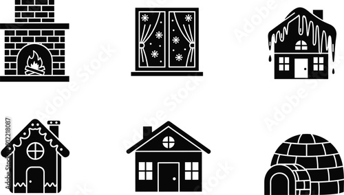 Winter house icons set, fireplace, snowy window, gingerbread home, cozy cabin, igloo silhouettes, black vector illustration, isolated on white background