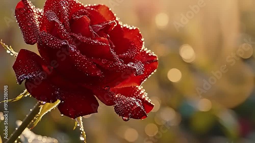 Red rose with dew drops in the morning sunlight.