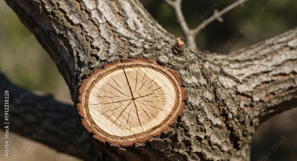 Obraz premium Close-up of a tree branch cut, revealing wood rings, bark texture, and radial lines