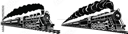 Black Steam Locomotive Silhouettes, Vintage Train Engine Illustration, Classic Railway Transport Vector Design for History, Travel, Industrial Artwork Collection Use