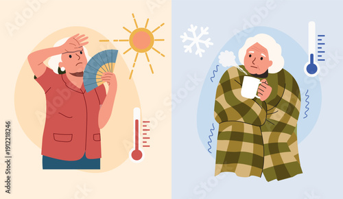 Hot and Cold Weather Contrast, Elderly Person Feeling Heat and Freezing at Home, Temperature Contrast Concept. Vector cartoon flat style illustration
