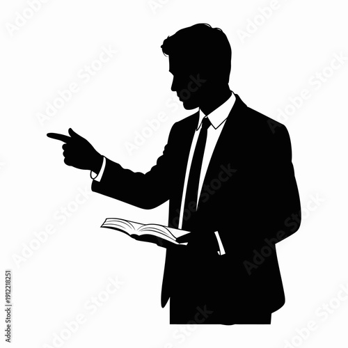 A silhouetted figure of a man in a suit holding a book and gesturing with his other hand.