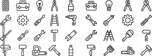 Black Tool Icon Set, Hand Tools and Power Tools, Paint Rollers, Chainsaw, Wrenches, Screwdrivers, Toolbox, DIY Workshop Vector Collection Illustrations