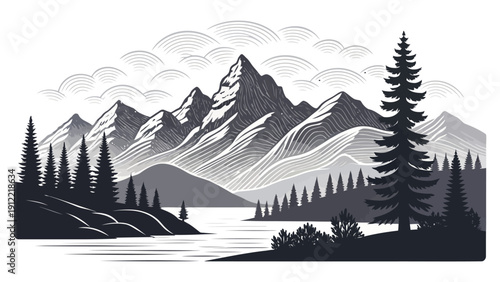 Serene mountain landscape with lake and trees in black and white