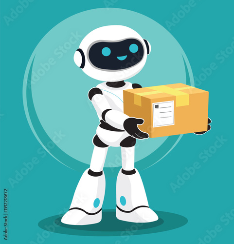 Cute AI Robot Mascot Delivering Package Shipping Concept