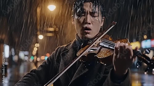 Man playing violin on a rainy city street at night.