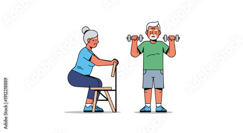 Illustration of an elderly man and woman exercising with dumbbells and a chair in a minimalist style with a clean white background and a focus on fitness and health.