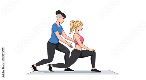 Illustration of a woman assisting another woman in a lunge exercise on a mat with a white background.