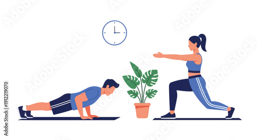 Illustration of a man doing a push-up and a woman in a lunge position with a clock and plant between them on a white background with a blue and green color scheme.