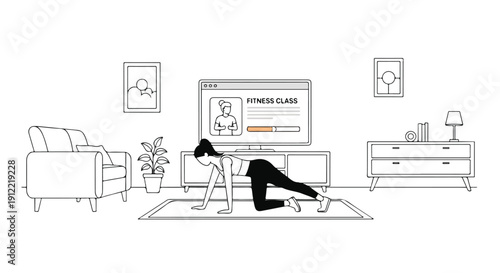 Line drawing of a woman doing push-ups in a modern living room with furniture and a computer.