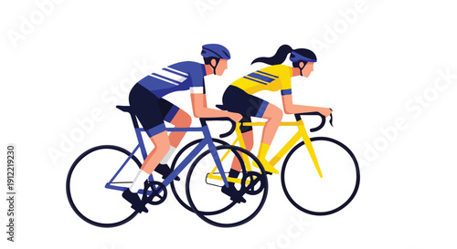 Illustration of a man and woman riding bicycles side by side in a minimalist style with a white background.