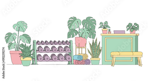 Flat illustration of a colorful room with various potted plants, yoga balls, and furniture against a white background.