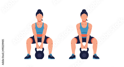 Illustration of two women performing kettlebell squats in athletic attire against a plain white background.