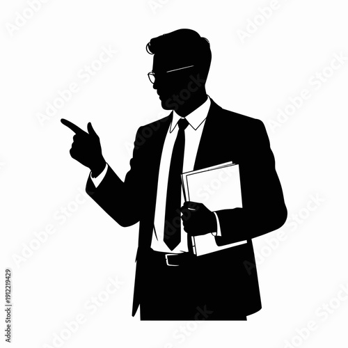 A black and white silhouette of a man in a suit holding documents while pointing.