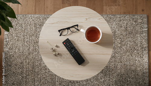 Coffee table with remote control glasses tea and dried flowers on rug overhead