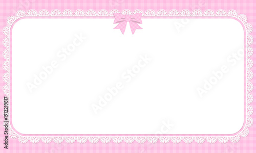 パステルピンクのギンガムチェックとレースのガーリーなフレーム背景素材