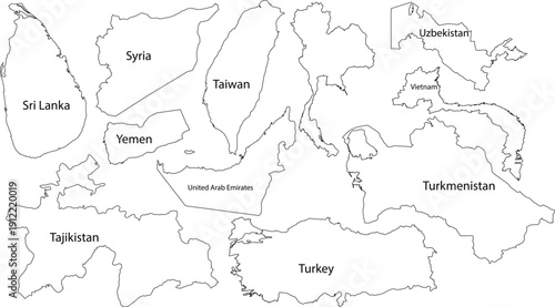 Asian and Middle Eastern Country Outlines With Labels Keywords: world map, countries, continents