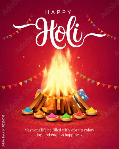 Happy Holi Holika Dahan Bonfire Festival Poster with Traditional Fire Ritual