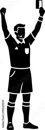 Silhouette of a soccer referee showing a red or yellow card. Professional sports official making a penalty decision. Football referee icon isolated on white background.