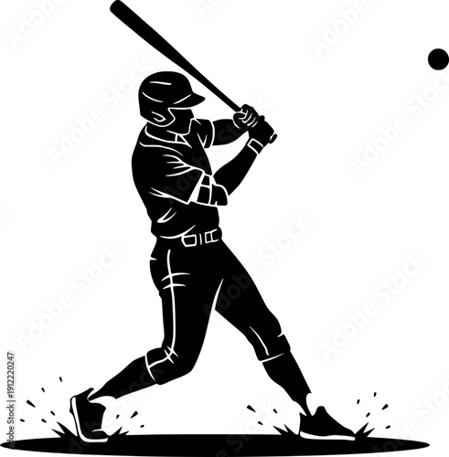 Silhouette of a baseball player swinging a bat to hit the ball. Action sports illustration of a batter in mid-swing. Professional baseball player hitting a home run isolated on white.