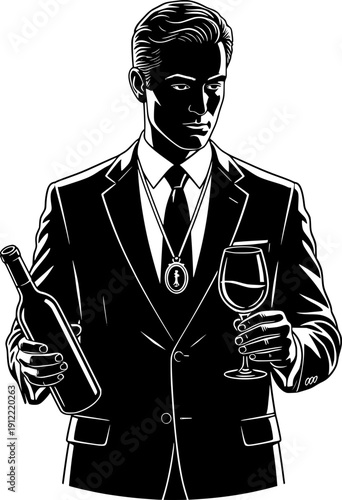Black and white vector illustration of a professional sommelier in a suit holding a bottle of wine and a glass, featuring a tasting cup (tastevin) necklace.