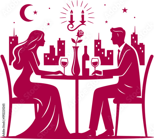 Elegant burgundy vector illustration of a couple having a romantic candlelit dinner at a restaurant with a city skyline background.
