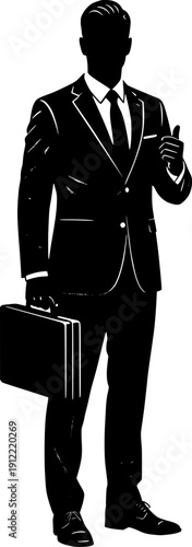 Black silhouette of a confident professional businessman in a tailored suit holding a briefcase and giving a thumbs up.