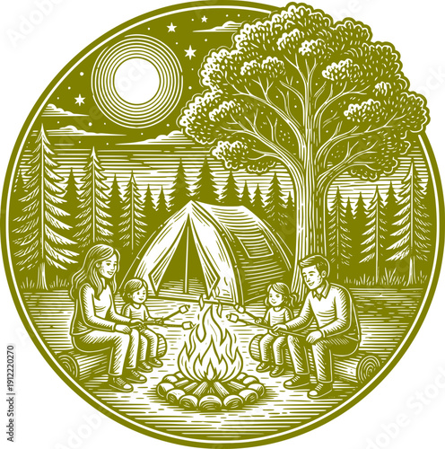family camping in the forest, sitting around a campfire and roasting marshmallows under a full moon.