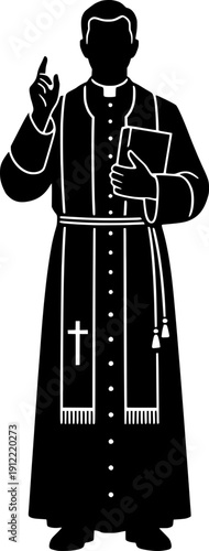Catholic priest in traditional cassock and stole, holding a holy bible and raising a finger in a teaching gesture.