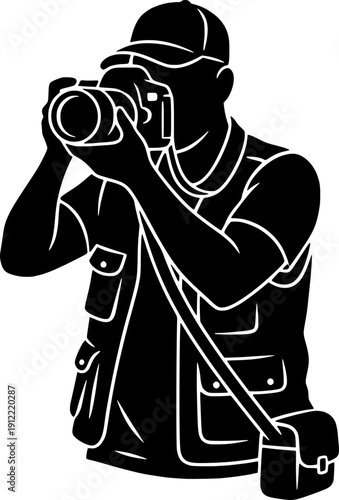 Black silhouette of a professional photographer with a cap and vest holding a DSLR camera with a large lens.