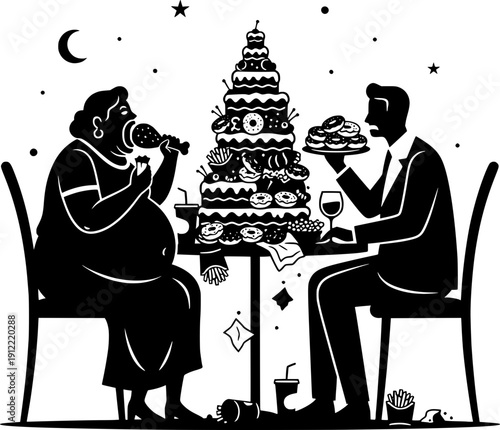 Black and white silhouette illustration of a couple at a table overeating a massive tower of donuts and junk food under a night sky.