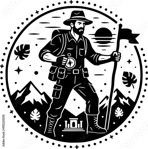 Circular emblem illustration of a bearded explorer with a backpack, compass, and walking stick hiking through a mountain landscape at sunset.