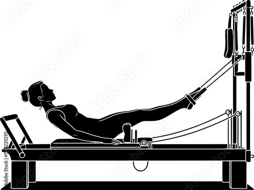 Black silhouette of a woman exercising on a Pilates reformer machine, performing a core and leg strengthening workout.
